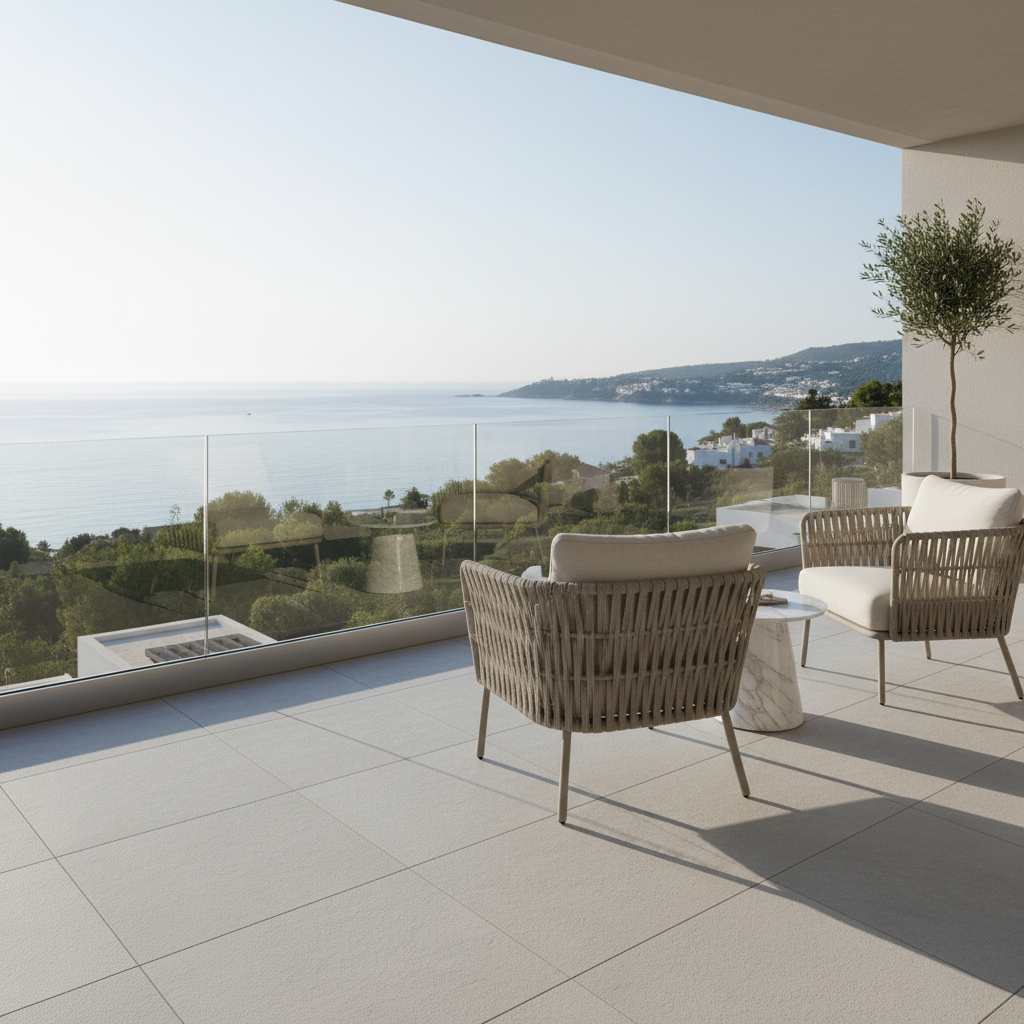 Vista general luminosa de un estudio en la Costa del Sol con zona de dormitorio, salón y acceso a cocina.