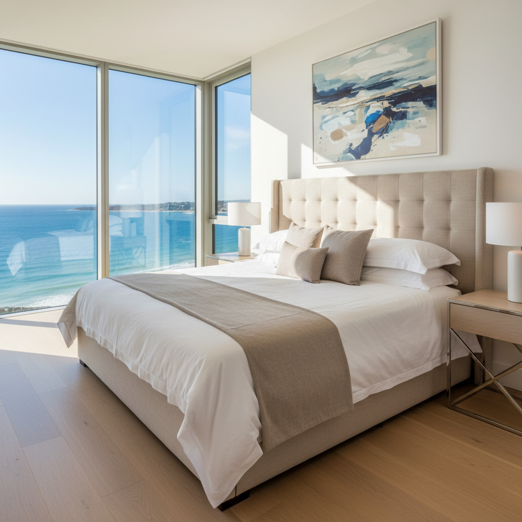 Interior luminoso de estudio turístico en la Costa del Sol con cama doble, sofá y cocina integrada al fondo.