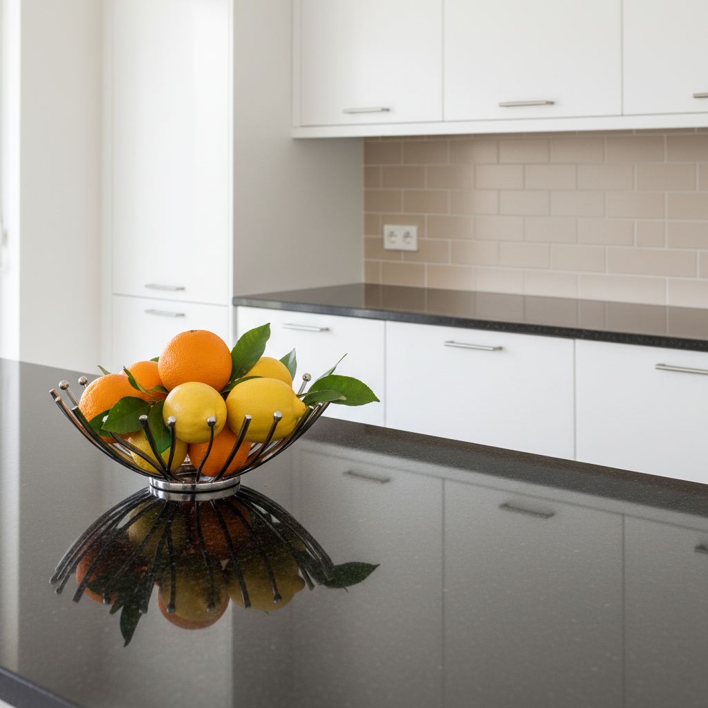 Cocina moderna de apartamento turístico en la Costa del Sol con muebles blancos, encimera de granito y electrodomésticos integrados.